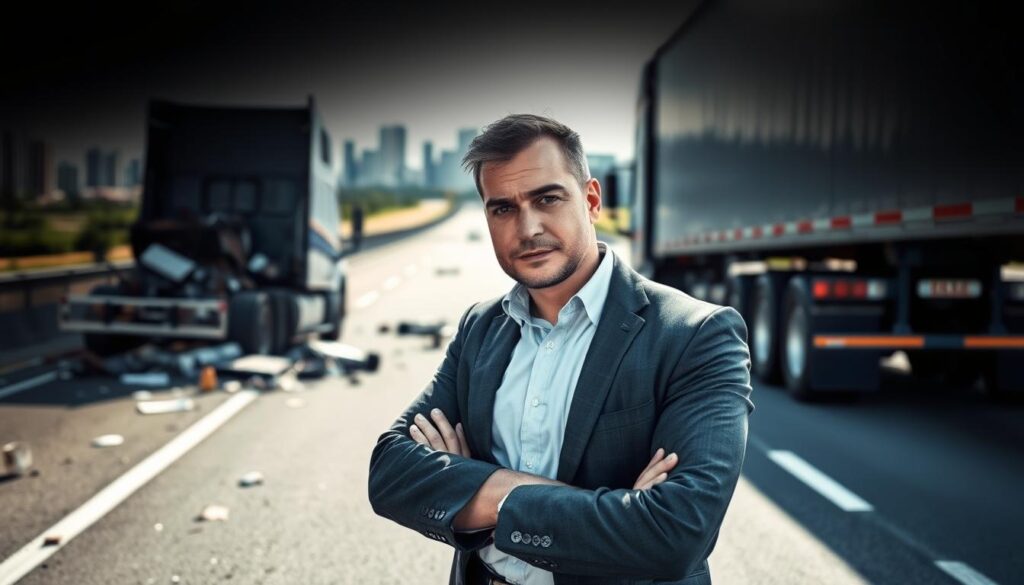 A semi-truck collides dramatically on a highway, with debris scattered across the asphalt. In the foreground, a confident, experienced-looking semi-truck accident lawyer stands amidst the chaos, ready to fight for justice. The scene is captured with a wide-angle lens, emphasizing the scale of the accident and the lawyer's resolute presence. Dramatic natural lighting casts shadows, conveying the gravity of the situation. The background features a blurred cityscape, suggesting the broader context of the accident and the lawyer's specialized expertise. The overall mood is one of professionalism, determination, and the need for skilled legal representation in the aftermath of a serious semi-truck accident.