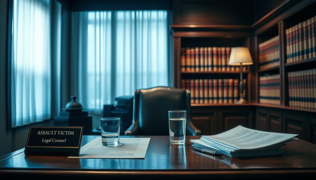 A serene and dimly lit law office, with a large window letting in soft, diffused natural light. In the foreground, a wooden desk with a nameplate "Assault Victim Legal Counsel" and a stack of legal documents. Atop the desk, a glass of water and a pen, conveying a sense of professionalism and attention to detail. In the middle ground, a well-appointed chair facing the desk, inviting the viewer to sit and discuss their legal rights. The background features bookshelves lining the walls, filled with leather-bound law volumes, adding an air of authority and expertise. The overall mood is one of empathy, understanding, and a commitment to justice for the assault victim. A serene and dimly lit law office, with a large window letting in soft, diffused natural light. In the foreground, a wooden desk with a nameplate "Assault Victim Legal Counsel" and a stack of legal documents. Atop the desk, a glass of water and a pen, conveying a sense of professionalism and attention to detail. In the middle ground, a well-appointed chair facing the desk, inviting the viewer to sit and discuss their legal rights. The background features bookshelves lining the walls, filled with leather-bound law volumes, adding an air of authority and expertise. The overall mood is one of empathy, understanding, and a commitment to justice for the assault victim.