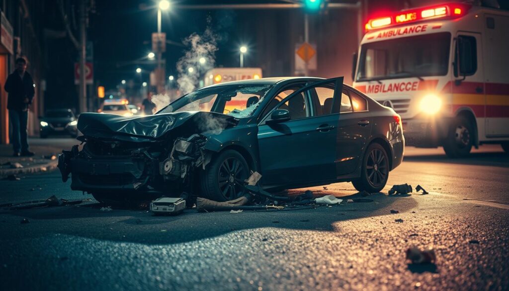 A severely damaged sedan lies in the middle of a dimly lit city street, its crumpled frame and shattered windows a testament to the force of the collision. The front end is completely smashed, with debris scattered across the asphalt. Wisps of smoke rise from the engine, and the air is heavy with the acrid scent of leaking fluids. The driver's side door hangs open, revealing a glimpse of the injured occupant trapped inside. Bright emergency lights from nearby police and ambulance vehicles cast an eerie glow, illuminating the scene with a sense of urgency and concern. The overall atmosphere is one of somber reflection, a stark reminder of the importance of safe driving and the need for prompt medical attention after a devastating car accident. A severely damaged sedan lies in the middle of a dimly lit city street, its crumpled frame and shattered windows a testament to the force of the collision. The front end is completely smashed, with debris scattered across the asphalt. Wisps of smoke rise from the engine, and the air is heavy with the acrid scent of leaking fluids. The driver's side door hangs open, revealing a glimpse of the injured occupant trapped inside. Bright emergency lights from nearby police and ambulance vehicles cast an eerie glow, illuminating the scene with a sense of urgency and concern. The overall atmosphere is one of somber reflection, a stark reminder of the importance of safe driving and the need for prompt medical attention after a devastating car accident.