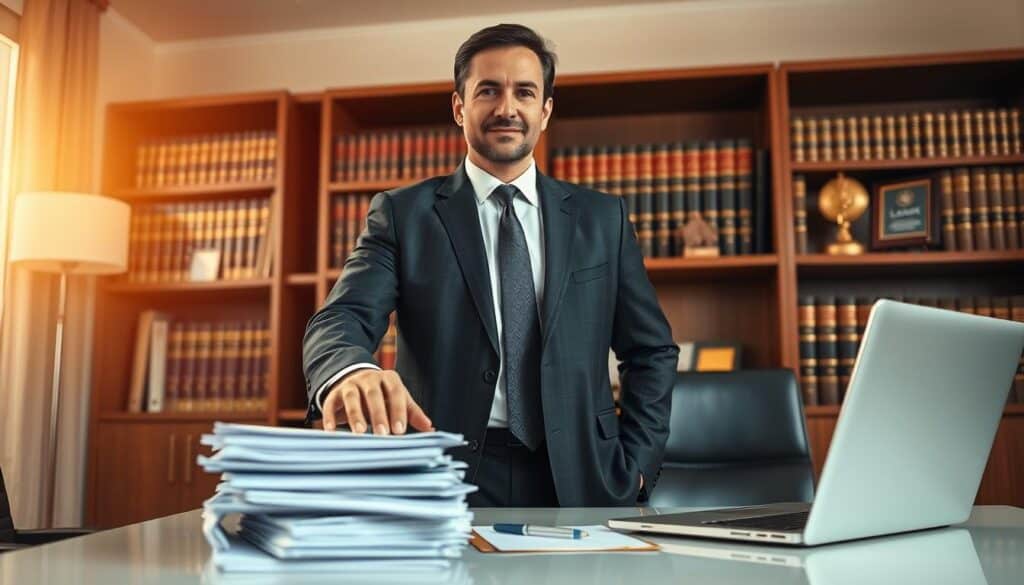 A sharply dressed personal injury attorney, confident and poised, stands in a well-appointed office. Warm lighting bathes the scene, casting a professional glow. In the foreground, the attorney's hand rests on a stack of case files, conveying expertise and a commitment to client advocacy. The middle ground features a modern desk with a laptop and pen, hinting at the legal work being diligently performed. In the background, bookshelves lined with law volumes and awards lend an air of authority and credibility. The overall atmosphere exudes competence, experience, and a dedication to achieving the best possible outcomes for those seeking legal representation.