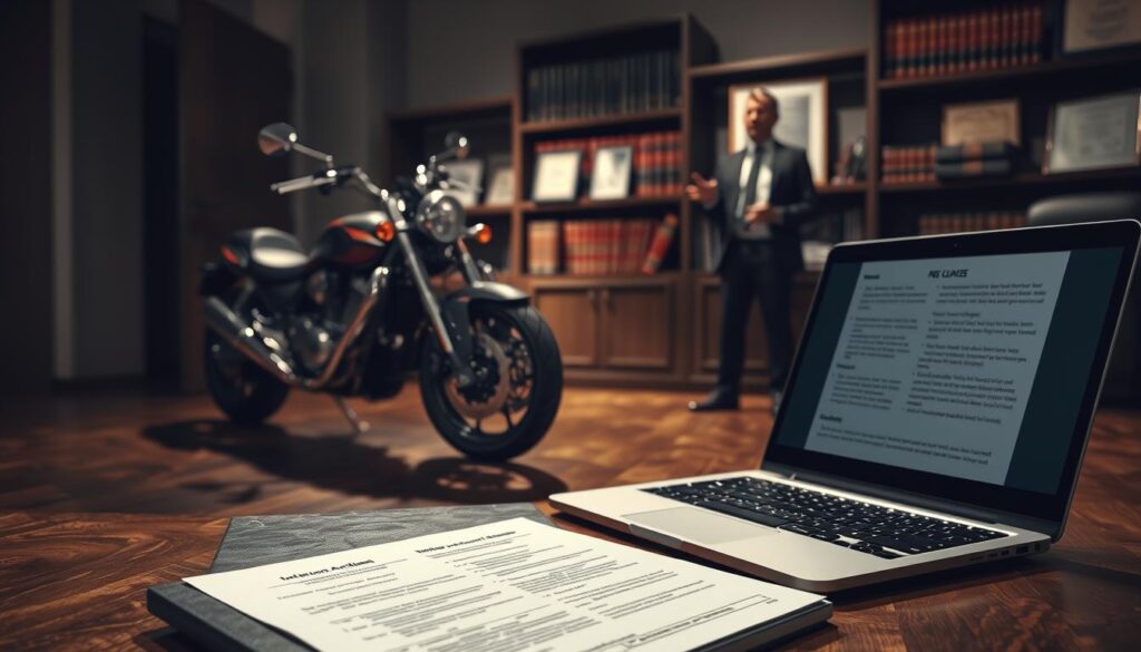 A sleek, chrome motorcycle parked in a dimly lit law office, casting long shadows across the polished hardwood floors. In the foreground, a laptop displays legal documents, outlining the intricate fee structure of a motorcycle accident case. The middle ground features a well-dressed lawyer, gesturing confidently as they explain the nuances of their services. In the background, a bookshelf filled with legal tomes and framed certificates adds an air of professionalism. Soft, warm lighting illuminates the scene, creating a sense of trust and expertise. The overall atmosphere conveys the importance of seeking qualified legal representation after a motorcycle accident.