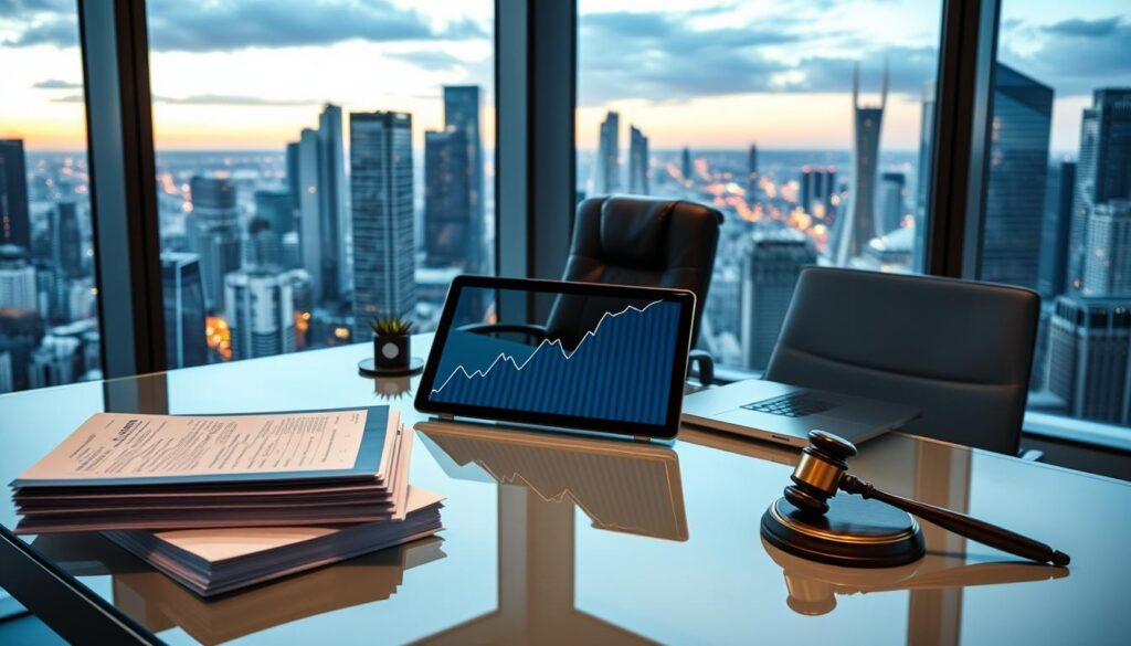 A sleek, minimalist office interior with floor-to-ceiling windows overlooking a bustling cityscape. In the foreground, a modern, glass-topped desk with a tablet displaying a graph of rising and falling lines, representing the impact of technology on divorce lawyer pricing. The desk is flanked by a stack of neatly organized legal documents and a laptop, conveying the blending of traditional legal practices and digital transformation. The middle ground features a leather office chair and a stylized model of a gavel, symbolizing the intersection of law and technology. The background showcases the urban landscape, with skyscrapers and a vibrant, futuristic skyline, hinting at the evolving landscape of the legal industry.
