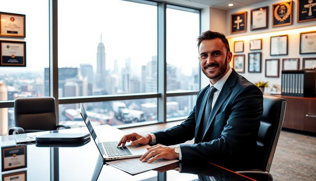 A sleek, modern, and well-lit office interior with a large window overlooking a bustling city skyline. In the foreground, a professional-looking man in a suit sits at a desk, working on a laptop and surrounded by legal documents. The office walls are adorned with diplomas and awards, conveying a sense of expertise and authority. The lighting is warm and inviting, creating a comfortable and trustworthy atmosphere. The overall impression is one of a reliable and experienced truck accident attorney, ready to provide exceptional legal services to their clients.
