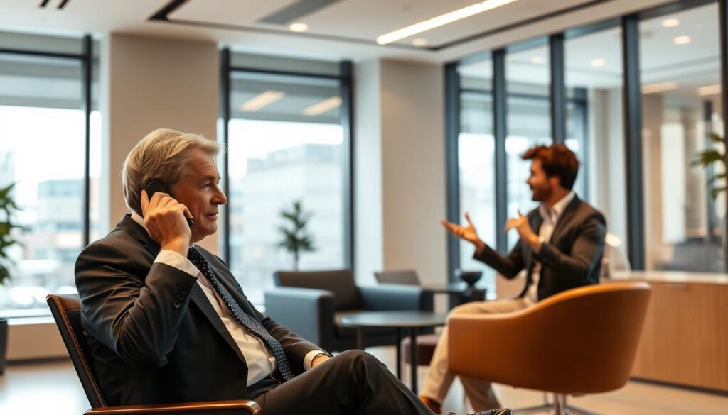 A sleek, modern law office interior with large windows and stylish furniture. In the foreground, a middle-aged person in a suit sits at a desk, talking on a phone, conveying a serious, professional demeanor. In the background, a younger person in casual attire sits across from them, gesturing animatedly. Warm, indirect lighting creates a sense of focus and collaboration. The scene evokes an initial client consultation between a rideshare accident lawyer and a potential client, with an atmosphere of trust, expertise, and problem-solving. A sleek, modern law office interior with large windows and stylish furniture. In the foreground, a middle-aged person in a suit sits at a desk, talking on a phone, conveying a serious, professional demeanor. In the background, a younger person in casual attire sits across from them, gesturing animatedly. Warm, indirect lighting creates a sense of focus and collaboration. The scene evokes an initial client consultation between a rideshare accident lawyer and a potential client, with an atmosphere of trust, expertise, and problem-solving.