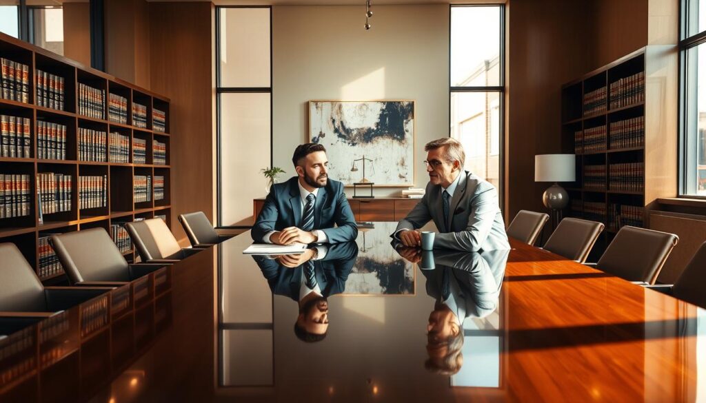 A sleek, modern law office interior with large windows flooding the space with warm, natural light. In the foreground, two experienced rideshare accident lawyers sit at a polished conference table, engaged in a serious discussion. Their expressions convey expertise and professionalism. In the middle ground, bookshelves line the walls, filled with legal tomes. The background features abstract artwork and minimalist decor, creating a calm, sophisticated atmosphere. The overall scene suggests the lawyers' deep understanding of rideshare accident claims and their ability to provide effective legal representation. A sleek, modern law office interior with large windows flooding the space with warm, natural light. In the foreground, two experienced rideshare accident lawyers sit at a polished conference table, engaged in a serious discussion. Their expressions convey expertise and professionalism. In the middle ground, bookshelves line the walls, filled with legal tomes. The background features abstract artwork and minimalist decor, creating a calm, sophisticated atmosphere. The overall scene suggests the lawyers' deep understanding of rideshare accident claims and their ability to provide effective legal representation.
