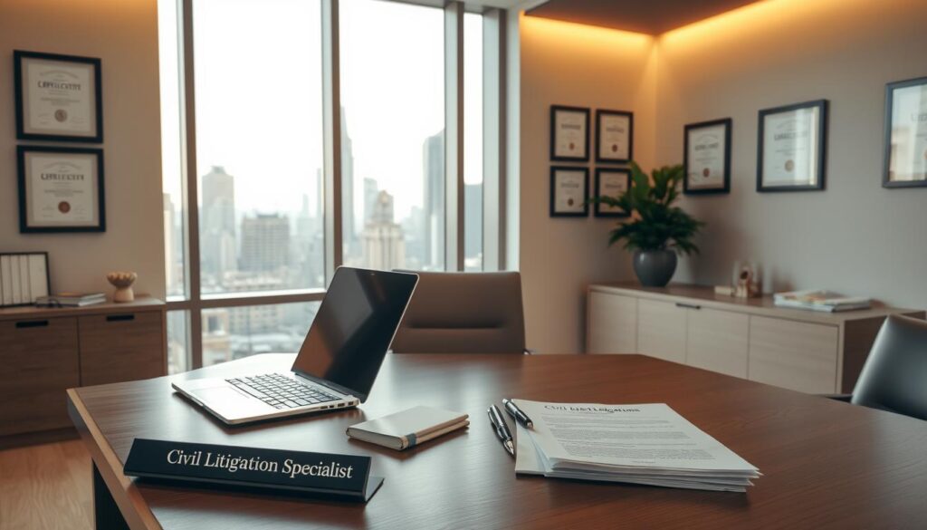 A sleek, modern law office interior with large windows overlooking a bustling city skyline. In the foreground, a wooden desk with a laptop, a stack of legal documents, and a nameplate that reads "Civil Litigation Specialist". On the walls, framed certificates and diplomas showcase the lawyer's expertise. The lighting is warm and inviting, creating a professional yet approachable atmosphere. The room is decorated with minimalist, contemporary furnishings, conveying a sense of sophistication and attention to detail. The overall scene suggests a specialized, reputable practice dedicated to civil litigation matters. A sleek, modern law office interior with large windows overlooking a bustling city skyline. In the foreground, a wooden desk with a laptop, a stack of legal documents, and a nameplate that reads "Civil Litigation Specialist". On the walls, framed certificates and diplomas showcase the lawyer's expertise. The lighting is warm and inviting, creating a professional yet approachable atmosphere. The room is decorated with minimalist, contemporary furnishings, conveying a sense of sophistication and attention to detail. The overall scene suggests a specialized, reputable practice dedicated to civil litigation matters.