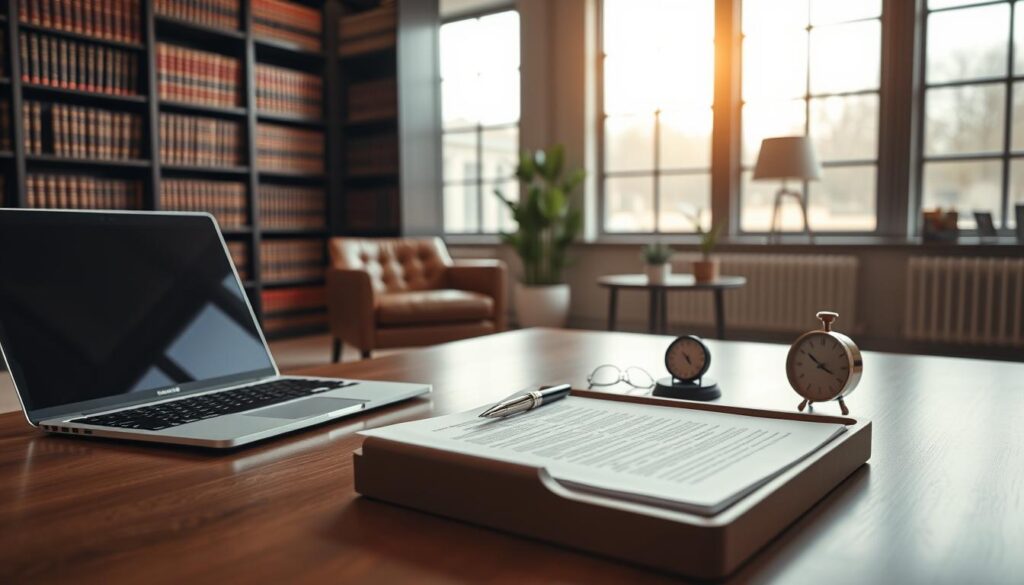 A sleek, modern law office interior with large windows that let in natural light. In the foreground, a desk with a laptop, a stack of legal documents, and a pen resting on top. On the desk, a tactile, minimalist desk organizer holds a few key items - a stylish fountain pen, a pair of reading glasses, and a small analog desk clock. The middle ground features a comfortable leather armchair and a side table with a potted plant, creating a cozy yet professional atmosphere. The background showcases floor-to-ceiling bookshelves filled with legal tomes, conveying the depth of knowledge and experience possessed by the prenup attorney. Warm, indirect lighting casts a soft, contemplative glow throughout the scene. A sleek, modern law office interior with large windows that let in natural light. In the foreground, a desk with a laptop, a stack of legal documents, and a pen resting on top. On the desk, a tactile, minimalist desk organizer holds a few key items - a stylish fountain pen, a pair of reading glasses, and a small analog desk clock. The middle ground features a comfortable leather armchair and a side table with a potted plant, creating a cozy yet professional atmosphere. The background showcases floor-to-ceiling bookshelves filled with legal tomes, conveying the depth of knowledge and experience possessed by the prenup attorney. Warm, indirect lighting casts a soft, contemplative glow throughout the scene.