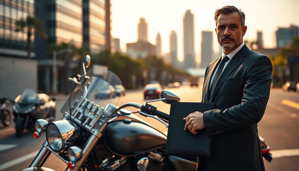 A sleek, modern motorcycle parked in the bustling streets of Atlanta, its chrome accents gleaming under the warm afternoon sun. In the foreground, a serious-looking attorney stands with a determined expression, dressed in a sharp suit and holding a portfolio, ready to advocate for his client. In the background, the iconic skyline of Atlanta rises, a testament to the city's dynamic energy. The lighting is crisp and well-balanced, casting subtle shadows that add depth and dimension to the scene. The overall mood conveys a sense of professionalism, expertise, and the dedication required to navigate the complexities of motorcycle accident cases in the heart of Atlanta. A sleek, modern motorcycle parked in the bustling streets of Atlanta, its chrome accents gleaming under the warm afternoon sun. In the foreground, a serious-looking attorney stands with a determined expression, dressed in a sharp suit and holding a portfolio, ready to advocate for his client. In the background, the iconic skyline of Atlanta rises, a testament to the city's dynamic energy. The lighting is crisp and well-balanced, casting subtle shadows that add depth and dimension to the scene. The overall mood conveys a sense of professionalism, expertise, and the dedication required to navigate the complexities of motorcycle accident cases in the heart of Atlanta.
