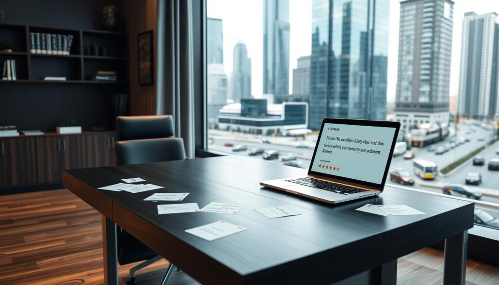 A sleek, modern office interior with a desk, laptop, and scattered client reviews. The desk is made of dark wood, with a metal and glass frame. On the desk, a laptop displays testimonials and star ratings from satisfied clients. The lighting is soft and warm, creating a professional and trustworthy atmosphere. In the background, a large window overlooking a bustling city street, with skyscrapers and traffic visible. The overall scene conveys the reliable and experienced nature of a motorcycle accident lawyer, with the client reviews highlighting their successful track record. A sleek, modern office interior with a desk, laptop, and scattered client reviews. The desk is made of dark wood, with a metal and glass frame. On the desk, a laptop displays testimonials and star ratings from satisfied clients. The lighting is soft and warm, creating a professional and trustworthy atmosphere. In the background, a large window overlooking a bustling city street, with skyscrapers and traffic visible. The overall scene conveys the reliable and experienced nature of a motorcycle accident lawyer, with the client reviews highlighting their successful track record.