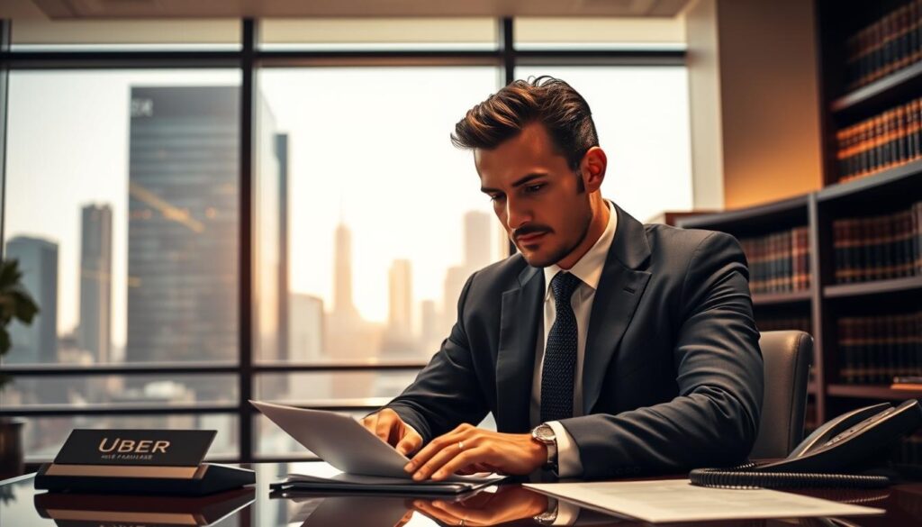 A sleek, modern office interior with a large window overlooking a bustling city skyline. In the foreground, a well-dressed Uber accident lawyer sits at a desk, brow furrowed in concentration as they review documents. The lighting is warm and professional, creating a sense of authority and expertise. On the desk, a nameplate and a phone, hinting at the lawyer's important role in helping clients navigate the complexities of an Uber accident case. The background features bookshelves filled with legal tomes, adding to the air of legal professionalism. The overall atmosphere conveys the specialized knowledge and dedication required to effectively represent Uber accident victims. A sleek, modern office interior with a large window overlooking a bustling city skyline. In the foreground, a well-dressed Uber accident lawyer sits at a desk, brow furrowed in concentration as they review documents. The lighting is warm and professional, creating a sense of authority and expertise. On the desk, a nameplate and a phone, hinting at the lawyer's important role in helping clients navigate the complexities of an Uber accident case. The background features bookshelves filled with legal tomes, adding to the air of legal professionalism. The overall atmosphere conveys the specialized knowledge and dedication required to effectively represent Uber accident victims.