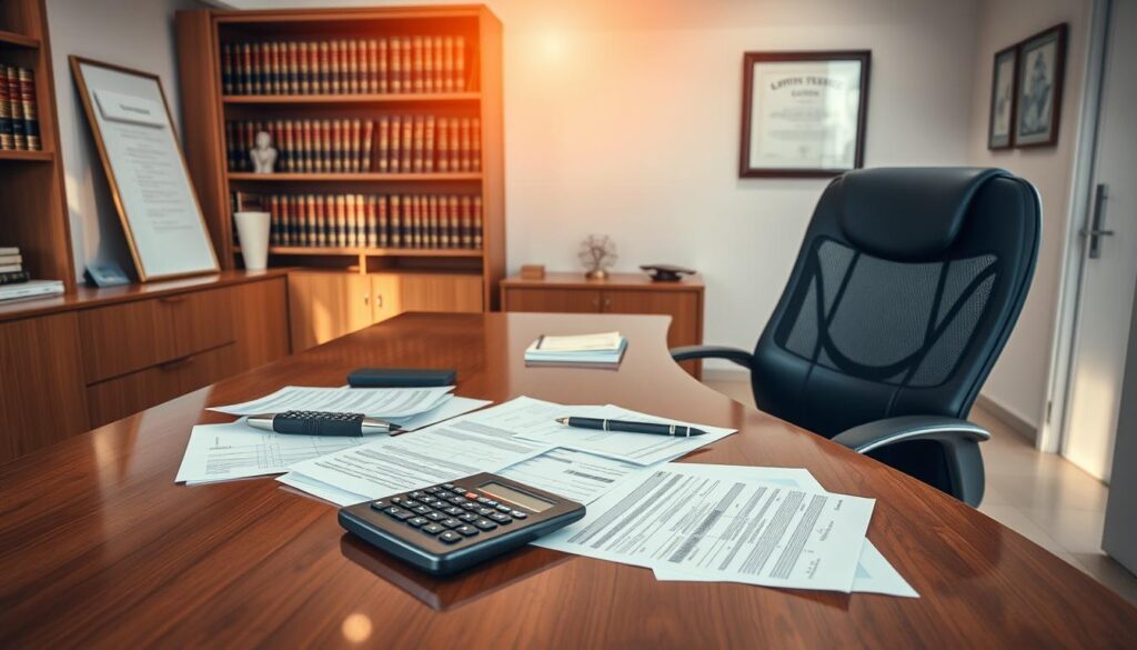 A sleek, modern office interior with a large wooden desk and an ergonomic chair. On the desk, various legal documents and a calculator are neatly arranged, hinting at the complex financial calculations involved in wrongful termination compensation. The room is bathed in warm, natural lighting, creating a sense of professionalism and attention to detail. In the background, a bookshelf filled with law volumes and a framed certificate on the wall suggest the expertise and authority of the legal professional handling this case. The overall atmosphere conveys a sense of diligence, expertise, and the gravity of the situation, reflecting the importance of proper compensation for a wrongful termination. A sleek, modern office interior with a large wooden desk and an ergonomic chair. On the desk, various legal documents and a calculator are neatly arranged, hinting at the complex financial calculations involved in wrongful termination compensation. The room is bathed in warm, natural lighting, creating a sense of professionalism and attention to detail. In the background, a bookshelf filled with law volumes and a framed certificate on the wall suggest the expertise and authority of the legal professional handling this case. The overall atmosphere conveys a sense of diligence, expertise, and the gravity of the situation, reflecting the importance of proper compensation for a wrongful termination.