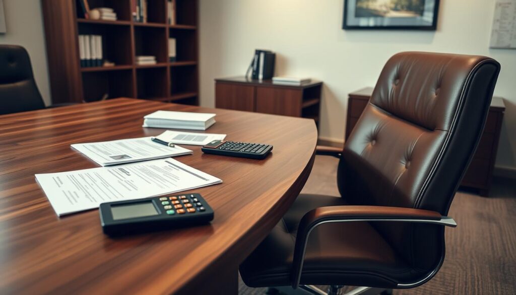 A sleek, modern office interior with a wooden desk, leather chair, and a wall-mounted bookshelf in the background. On the desk, various documents, a laptop, and a calculator are neatly arranged, conveying a sense of professionalism and attention to detail. Soft, indirect lighting creates a warm, inviting atmosphere, highlighting the textured surfaces and clean lines of the furniture. The overall scene suggests an environment where a skilled attorney would discuss and explain their fee structures for landlord-tenant cases, providing clarity and assurance to their clients. A sleek, modern office interior with a wooden desk, leather chair, and a wall-mounted bookshelf in the background. On the desk, various documents, a laptop, and a calculator are neatly arranged, conveying a sense of professionalism and attention to detail. Soft, indirect lighting creates a warm, inviting atmosphere, highlighting the textured surfaces and clean lines of the furniture. The overall scene suggests an environment where a skilled attorney would discuss and explain their fee structures for landlord-tenant cases, providing clarity and assurance to their clients.