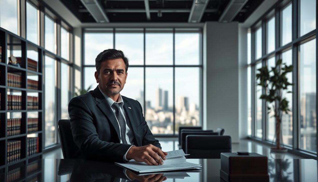 A sleek, modern office interior with large windows and minimalist decor. In the foreground, a confident-looking Uber accident attorney sits at a desk, hand on a stack of legal documents. Subtle lighting casts dramatic shadows, creating a sense of seriousness and professionalism. The middle ground features shelves of law books and awards, hinting at the attorney's expertise. The background showcases a city skyline, suggesting the broader context of the legal process. The overall mood is one of authority, competence, and attention to detail - exactly the qualities one would want in an Uber accident attorney. A sleek, modern office interior with large windows and minimalist decor. In the foreground, a confident-looking Uber accident attorney sits at a desk, hand on a stack of legal documents. Subtle lighting casts dramatic shadows, creating a sense of seriousness and professionalism. The middle ground features shelves of law books and awards, hinting at the attorney's expertise. The background showcases a city skyline, suggesting the broader context of the legal process. The overall mood is one of authority, competence, and attention to detail - exactly the qualities one would want in an Uber accident attorney.