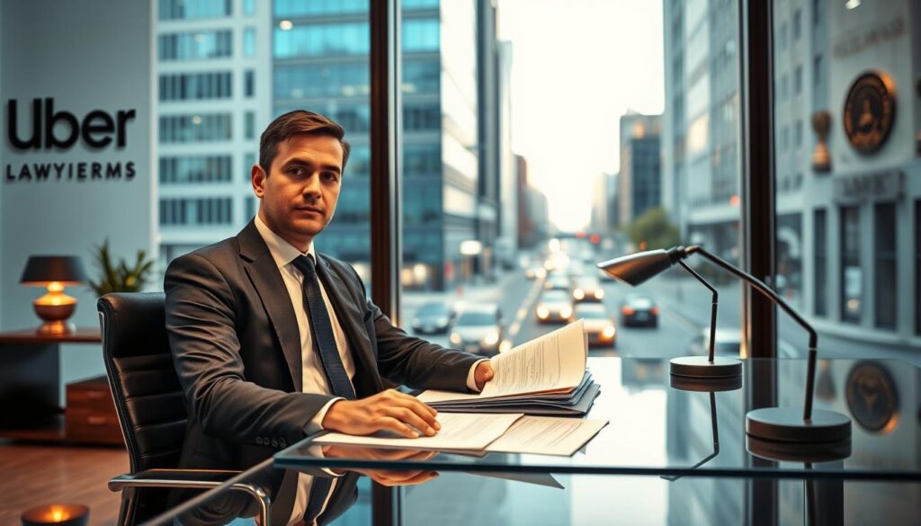 A sleek, modern office interior with large windows overlooking a bustling city street. In the foreground, a professional-looking Uber accident lawyer sits at a glass desk, dressed in a sharp suit and tie. They have a serious, focused expression as they review documents and case files. The lighting is a mix of natural daylight from the windows and warm, task-oriented lighting from desk lamps. The background features law firm branding and awards on the walls, conveying the lawyer's expertise and authority. The overall mood is one of competence, diligence, and the ability to handle complex legal matters. A sleek, modern office interior with large windows overlooking a bustling city street. In the foreground, a professional-looking Uber accident lawyer sits at a glass desk, dressed in a sharp suit and tie. They have a serious, focused expression as they review documents and case files. The lighting is a mix of natural daylight from the windows and warm, task-oriented lighting from desk lamps. The background features law firm branding and awards on the walls, conveying the lawyer's expertise and authority. The overall mood is one of competence, diligence, and the ability to handle complex legal matters.