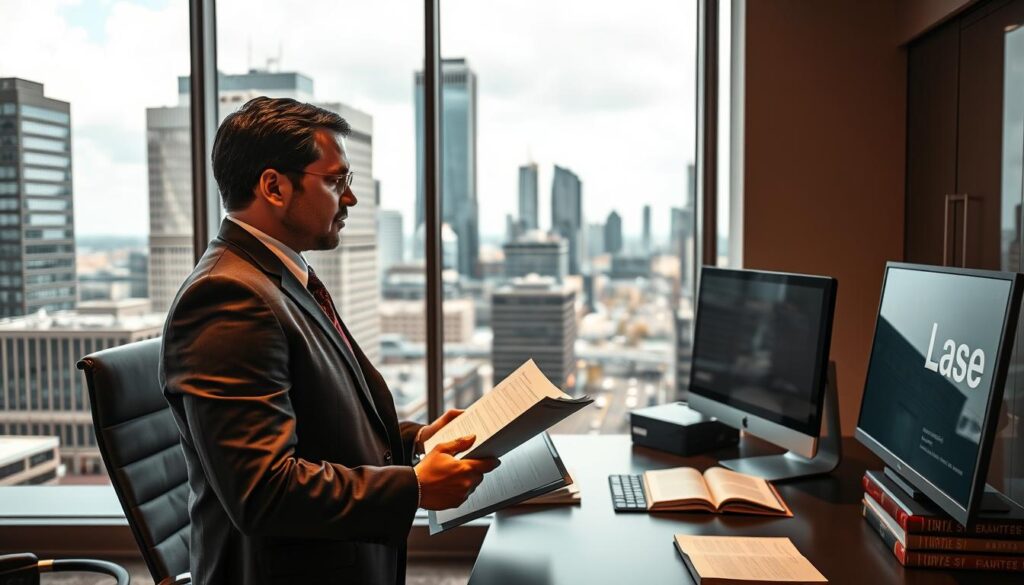 A sleek, modern office overlooking the bustling streets of Shreveport. In the foreground, a confident, well-dressed attorney stands at a desk, reviewing case files with a focused expression. The middle ground showcases the latest legal technology - a touchscreen display, a state-of-the-art computer, and a collection of legal tomes. The background reveals the cityscape beyond, with skyscrapers and infrastructure symbolizing the advanced, tech-driven nature of contemporary car accident cases. Warm, directional lighting illuminates the scene, creating a professional, authoritative atmosphere. The image conveys the idea of a sophisticated, tech-savvy legal practice dedicated to securing the best possible outcomes for car accident victims.