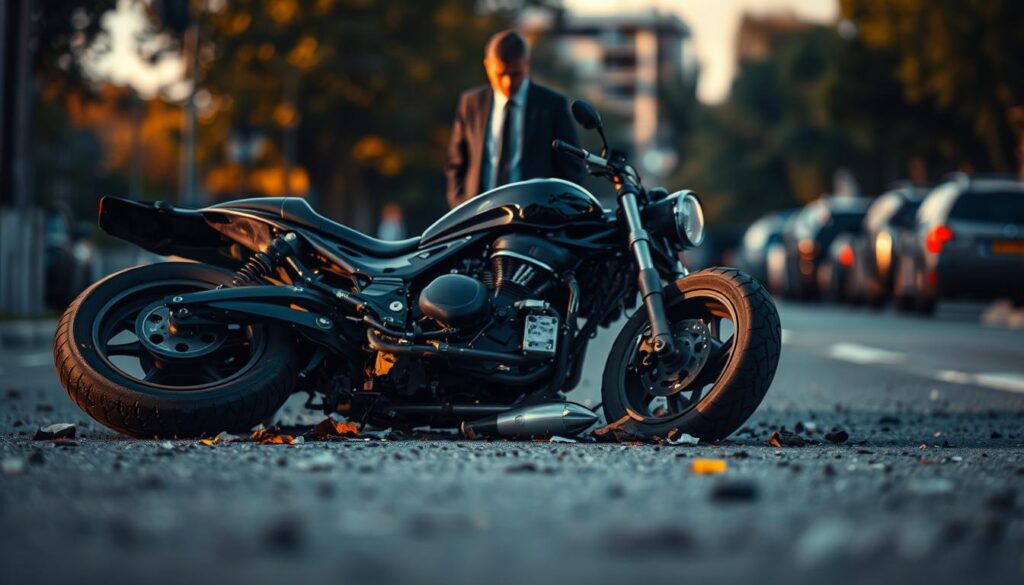 A somber, realistic scene of a motorcycle accident aftermath, seen through the lens of a specialized motorcycle accident lawyer. In the foreground, a wrecked motorcycle lies on the pavement, its twisted metal and shattered components a testament to the force of the collision. In the middle ground, the lawyer, dressed in a sharp suit, stands amidst the debris, examining the scene with a keen eye, ready to uncover the details that will support their client's case. The background is blurred, conveying a sense of focus and determination, as the lawyer navigates the complexities of the incident to ensure their client receives the justice they deserve. Warm, directional lighting casts dramatic shadows, adding depth and weight to the scene. The overall mood is one of professionalism, expertise, and the gravity of the situation.