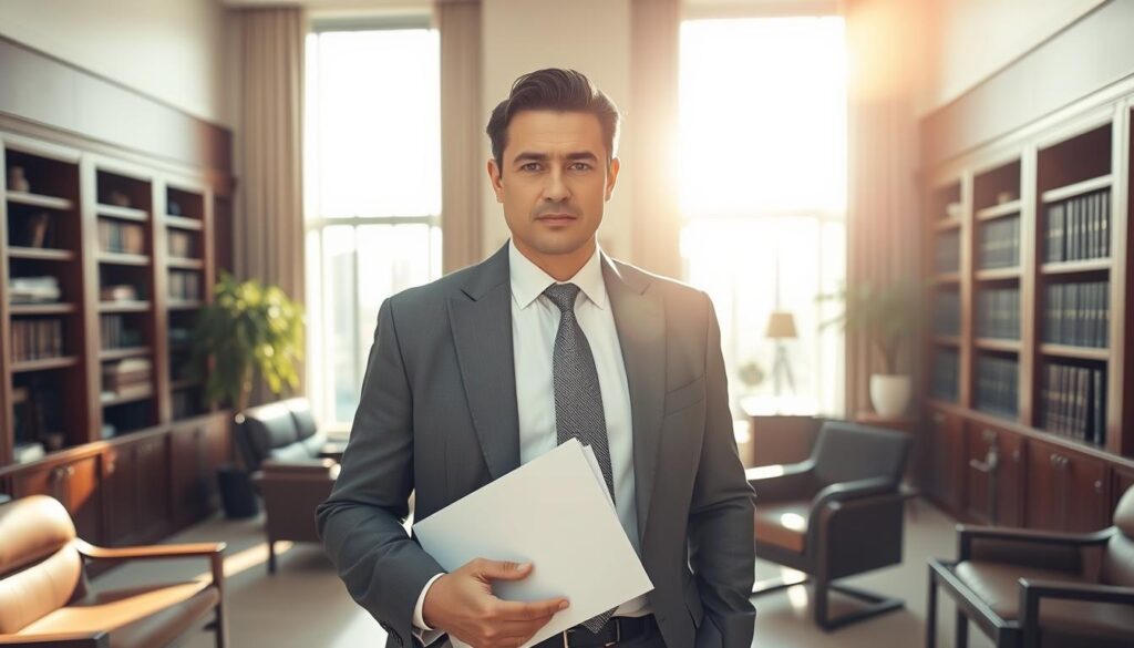 A sophisticated, well-dressed divorce attorney standing confidently in a modern, high-end law office. Sunlight streams through large windows, casting a warm glow on the polished wooden furniture and sleek, minimalist decor. The attorney, with a stern yet compassionate expression, holds a briefcase and legal documents, conveying expertise and professionalism. The atmosphere exudes authority, attention to detail, and a commitment to providing clients with the best possible legal representation during a complex and emotionally charged process.