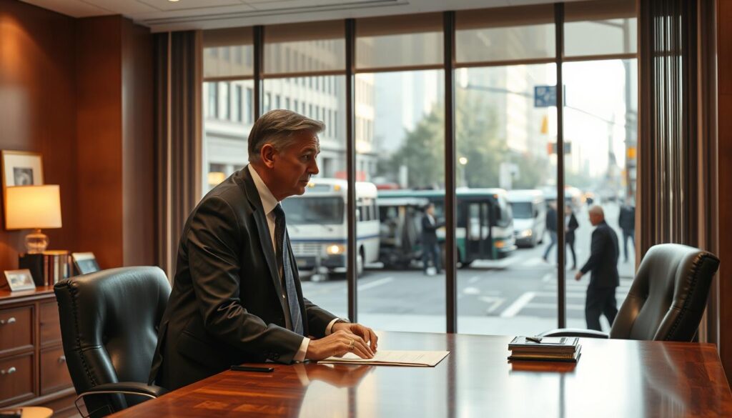 A spacious, well-lit law office, with a large wooden desk and comfortable chairs. In the foreground, a lawyer in a sharp suit is leaning in, engaged in an intense discussion with a concerned-looking client. Behind them, a large window offers a view of a busy city street, with the aftermath of a bus accident visible in the distance - twisted metal, emergency vehicles, and onlookers. The lighting is a warm, natural glow, creating a sense of professionalism and empathy. The overall mood is one of focused attention and the gravity of the situation, as the lawyer and client work together to navigate the legal complexities of the accident.