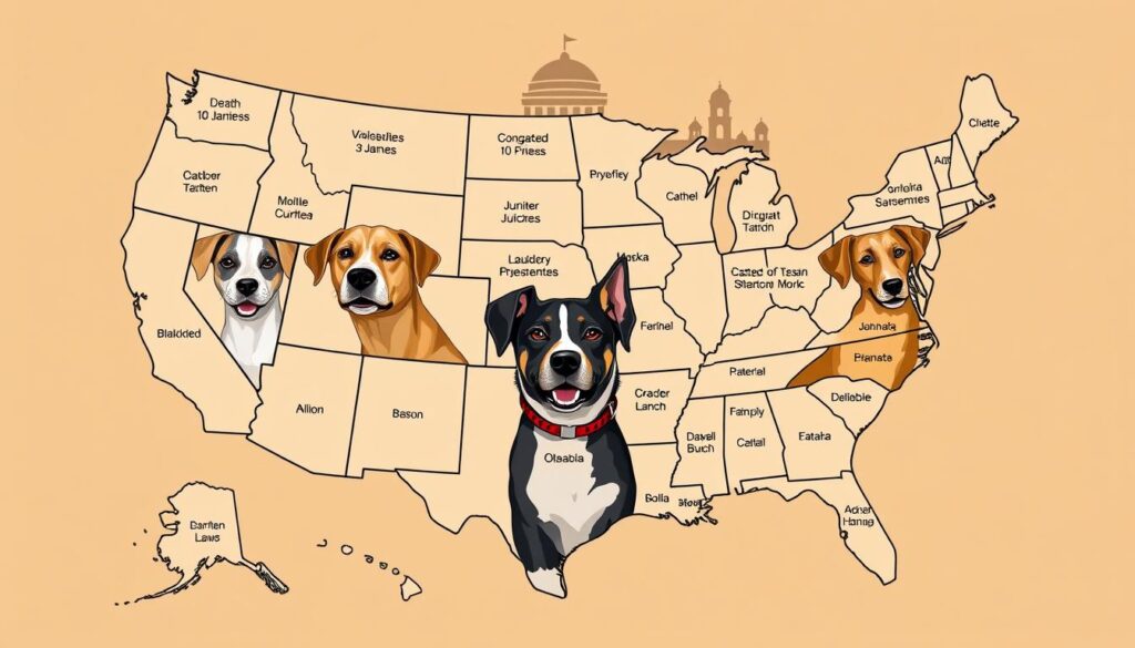 A state-by-state map of the United States, with each state represented by an illustrated dog showcasing its unique dog bite laws. The dogs are positioned prominently in the foreground, with distinct features and expressions capturing the nuanced legal landscape. The middle ground features a subtle backdrop of courthouse silhouettes, hinting at the judicial system that governs these laws. The background is a warm, muted color palette, creating a sense of authority and gravitas befitting the subject matter. The lighting is soft and directional, highlighting the details of the dogs and the map, while maintaining an overall balanced and professional aesthetic. A state-by-state map of the United States, with each state represented by an illustrated dog showcasing its unique dog bite laws. The dogs are positioned prominently in the foreground, with distinct features and expressions capturing the nuanced legal landscape. The middle ground features a subtle backdrop of courthouse silhouettes, hinting at the judicial system that governs these laws. The background is a warm, muted color palette, creating a sense of authority and gravitas befitting the subject matter. The lighting is soft and directional, highlighting the details of the dogs and the map, while maintaining an overall balanced and professional aesthetic.