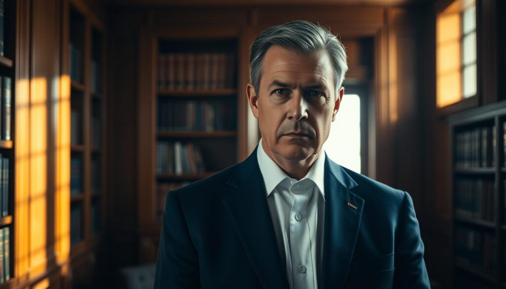 A stern-faced, middle-aged lawyer in a well-tailored navy blue suit and crisp white shirt, standing in a dimly lit, wood-paneled office. Bookshelves line the walls, casting long shadows that create a somber, authoritative atmosphere. The lawyer's expression is intense, conveying a sense of gravitas and legal expertise. Soft, directional lighting from a single window illuminates the scene, casting dramatic shadows across the lawyer's face. The overall mood is one of professionalism and power, hinting at the lawyer's ability to navigate the complexities of landlord-tenant laws. A stern-faced, middle-aged lawyer in a well-tailored navy blue suit and crisp white shirt, standing in a dimly lit, wood-paneled office. Bookshelves line the walls, casting long shadows that create a somber, authoritative atmosphere. The lawyer's expression is intense, conveying a sense of gravitas and legal expertise. Soft, directional lighting from a single window illuminates the scene, casting dramatic shadows across the lawyer's face. The overall mood is one of professionalism and power, hinting at the lawyer's ability to navigate the complexities of landlord-tenant laws.