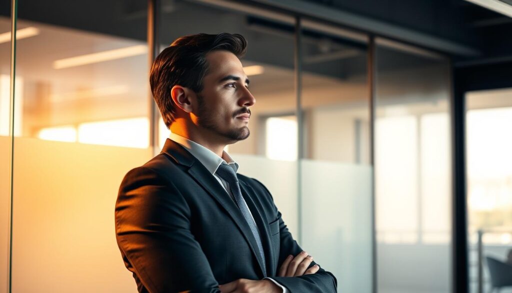 A stylish, confident legal professional in a well-tailored suit stands in a modern, glass-walled office, gazing thoughtfully out a window. Warm, directional lighting illuminates their face, casting dramatic shadows and highlights. The background features a sleek, minimalist aesthetic with clean lines and muted tones, emphasizing the subject's poise and expertise. The overall mood is one of professionalism, competence, and a dedication to providing exceptional legal representation for car accident victims in Irvine. A stylish, confident legal professional in a well-tailored suit stands in a modern, glass-walled office, gazing thoughtfully out a window. Warm, directional lighting illuminates their face, casting dramatic shadows and highlights. The background features a sleek, minimalist aesthetic with clean lines and muted tones, emphasizing the subject's poise and expertise. The overall mood is one of professionalism, competence, and a dedication to providing exceptional legal representation for car accident victims in Irvine.