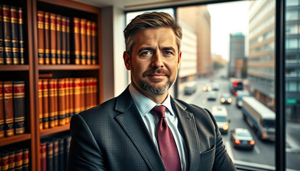 A successful semi-truck accident lawyer, standing confidently in a well-lit office, wearing a tailored suit and an authoritative expression. The background features a bookshelf filled with legal tomes, and a large window overlooking a bustling city street, conveying a sense of professionalism and expertise. The lighting is warm and focused, drawing the viewer's attention to the lawyer's face and creating a sense of determination and resolve. The overall mood is one of competence and trustworthiness, reflecting the lawyer's ability to handle complex semi-truck accident cases with skill and dedication. A successful semi-truck accident lawyer, standing confidently in a well-lit office, wearing a tailored suit and an authoritative expression. The background features a bookshelf filled with legal tomes, and a large window overlooking a bustling city street, conveying a sense of professionalism and expertise. The lighting is warm and focused, drawing the viewer's attention to the lawyer's face and creating a sense of determination and resolve. The overall mood is one of competence and trustworthiness, reflecting the lawyer's ability to handle complex semi-truck accident cases with skill and dedication.