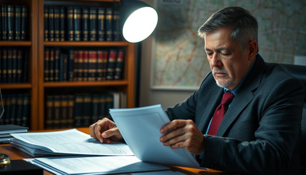 A traffic law specialist sitting at their desk, poring over legal documents and case files. The scene is illuminated by a warm, focused light, casting dramatic shadows across their face as they concentrate intently. In the background, a bookshelf filled with volumes on traffic and transportation law, and a map of the local city's road network, hinting at their deep understanding of the local legal landscape. The specialist's expression conveys a confident, authoritative demeanor, suggesting their expertise in navigating the complexities of traffic-related legal issues. A traffic law specialist sitting at their desk, poring over legal documents and case files. The scene is illuminated by a warm, focused light, casting dramatic shadows across their face as they concentrate intently. In the background, a bookshelf filled with volumes on traffic and transportation law, and a map of the local city's road network, hinting at their deep understanding of the local legal landscape. The specialist's expression conveys a confident, authoritative demeanor, suggesting their expertise in navigating the complexities of traffic-related legal issues.