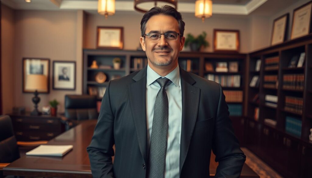 A well-dressed and professional-looking car accident lawyer standing confidently in a modern and well-appointed law office. The lawyer is wearing a dark suit and tie, conveying a sense of authority and expertise. The office features tasteful decor, including a large desk, bookshelves, and framed diplomas or awards on the walls, suggesting the lawyer's experience and qualifications. The lighting is warm and inviting, creating a welcoming atmosphere. The camera angle is slightly low, emphasizing the lawyer's presence and stature. The overall impression is one of a capable and trustworthy legal professional, ready to advocate for the rights of car accident victims.