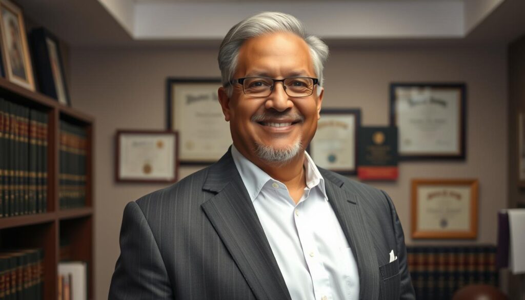 A well-dressed, mature attorney standing confidently in a modern law office, surrounded by law books and diplomas on the walls. The attorney has a warm, empathetic expression, conveying their expertise and dedication to helping motorcycle accident victims. Soft, directional lighting illuminates the scene, creating a professional and trustworthy atmosphere. The composition emphasizes the attorney's presence, with the background elements providing context without distracting from the main subject. The overall impression is one of a competent, experienced, and client-focused motorcycle injury lawyer. A well-dressed, mature attorney standing confidently in a modern law office, surrounded by law books and diplomas on the walls. The attorney has a warm, empathetic expression, conveying their expertise and dedication to helping motorcycle accident victims. Soft, directional lighting illuminates the scene, creating a professional and trustworthy atmosphere. The composition emphasizes the attorney's presence, with the background elements providing context without distracting from the main subject. The overall impression is one of a competent, experienced, and client-focused motorcycle injury lawyer.