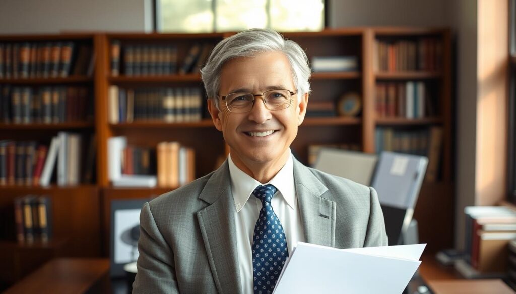 A well-dressed, middle-aged individual standing in a professional office setting, with a warm and approachable expression. The subject is situated in the foreground, wearing a suit and tie, and holding legal documents. The background features a bookshelf, a desk, and a window providing natural lighting, creating a sense of expertise and authority. The scene conveys the professionalism and trustworthiness associated with an elder law attorney. A well-dressed, middle-aged individual standing in a professional office setting, with a warm and approachable expression. The subject is situated in the foreground, wearing a suit and tie, and holding legal documents. The background features a bookshelf, a desk, and a window providing natural lighting, creating a sense of expertise and authority. The scene conveys the professionalism and trustworthiness associated with an elder law attorney.