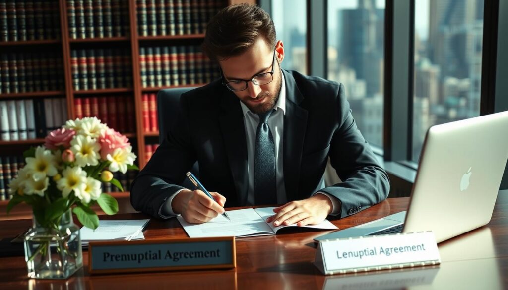 A well-dressed professional seated at a wooden desk, drafting a legal document with a focused expression. Soft, directional lighting casts subtle shadows, emphasizing the subject's serious demeanor. The desk is neatly organized, with a laptop, a nameplate reading "Prenuptial Agreement Lawyer", and a vase of fresh flowers adding a touch of warmth. In the background, a bookshelf filled with legal volumes and a large window overlooking a cityscape, conveying a sense of expertise and authority. The overall mood is one of competence, diligence, and the importance of the legal services provided. A well-dressed professional seated at a wooden desk, drafting a legal document with a focused expression. Soft, directional lighting casts subtle shadows, emphasizing the subject's serious demeanor. The desk is neatly organized, with a laptop, a nameplate reading "Prenuptial Agreement Lawyer", and a vase of fresh flowers adding a touch of warmth. In the background, a bookshelf filled with legal volumes and a large window overlooking a cityscape, conveying a sense of expertise and authority. The overall mood is one of competence, diligence, and the importance of the legal services provided.