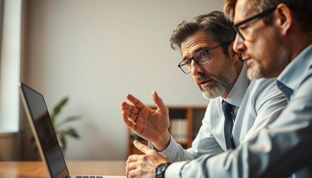 A well-lit, close-up shot of a motorcycle accident lawyer in a professional office setting, engaged in a conversation with a client. The lawyer is leaning forward, making eye contact and gesturing animatedly, conveying empathy and attentiveness. The client appears concerned but reassured by the lawyer's demeanor. The background is blurred, placing the focus on the interaction. Subtle, warm lighting from a nearby window casts a soft glow, creating a sense of approachability and trust. The scene captures the essence of effective communication between a motorcycle accident lawyer and their client.