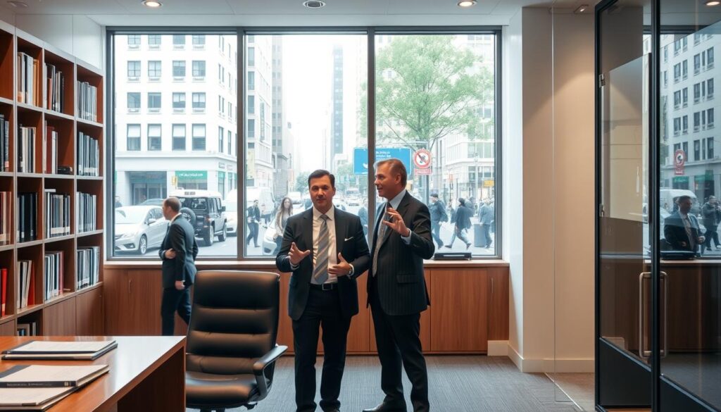 A well-lit modern office interior, with a desk, chair, and bookshelves in the foreground. In the middle ground, a pair of lawyers in suits are engaged in a meeting, gesturing animatedly. Through the window in the background, a busy city street scene with pedestrians can be seen. The overall atmosphere conveys a sense of professionalism, expertise, and attention to detail, reflecting the specialized nature of pedestrian accident legal advice. A well-lit modern office interior, with a desk, chair, and bookshelves in the foreground. In the middle ground, a pair of lawyers in suits are engaged in a meeting, gesturing animatedly. Through the window in the background, a busy city street scene with pedestrians can be seen. The overall atmosphere conveys a sense of professionalism, expertise, and attention to detail, reflecting the specialized nature of pedestrian accident legal advice.