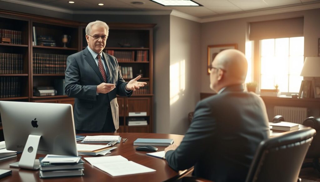 A well-lit, professional office interior with a wooden desk, a desktop computer, and various legal documents and books. In the foreground, a confident middle-aged person in a suit stands, gesturing while discussing something with a client seated across the desk. Warm, indirect lighting casts a serious yet approachable atmosphere, emphasizing the importance of legal representation and the thoughtful decision-making process. The background features bookshelves, artwork, and other accents that convey a sense of authority and expertise within the legal field. A well-lit, professional office interior with a wooden desk, a desktop computer, and various legal documents and books. In the foreground, a confident middle-aged person in a suit stands, gesturing while discussing something with a client seated across the desk. Warm, indirect lighting casts a serious yet approachable atmosphere, emphasizing the importance of legal representation and the thoughtful decision-making process. The background features bookshelves, artwork, and other accents that convey a sense of authority and expertise within the legal field.