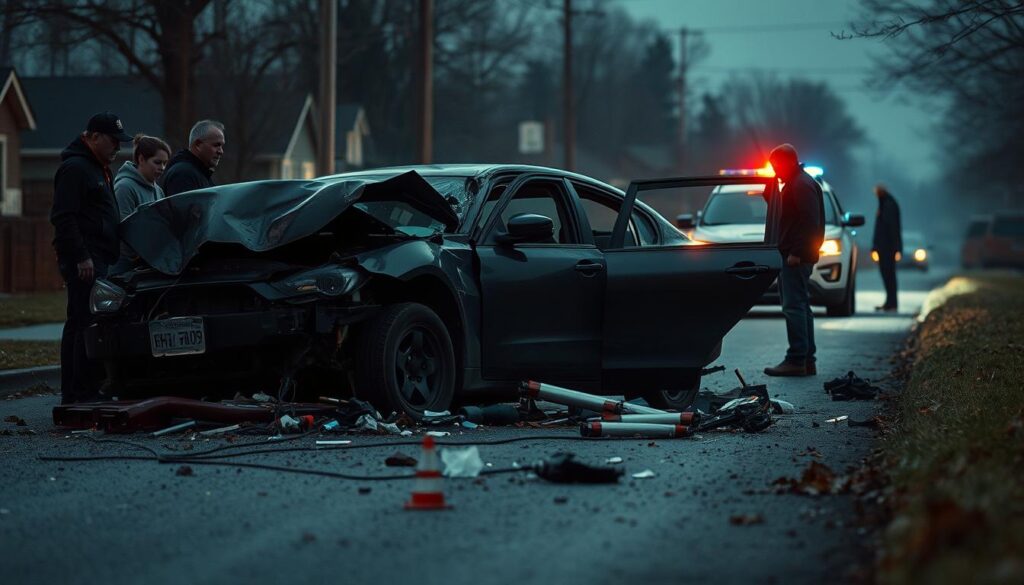 Distressed vehicle on the side of a suburban road, aftermath of a distracted driving accident. Crumpled hood, shattered glass, and scattered debris litter the scene, bathed in the harsh glare of emergency lights. Bystanders and first responders attend to the injured, their expressions conveying a sense of urgency and concern. The atmosphere is tense, with the ominous presence of a police car in the background, underscoring the gravity of the situation. Compose the image in a cinematic, documentary-style framing, utilizing a wide angle lens to capture the full scope of the incident. Employ a moody, desaturated color palette to evoke a somber, cautionary mood. Distressed vehicle on the side of a suburban road, aftermath of a distracted driving accident. Crumpled hood, shattered glass, and scattered debris litter the scene, bathed in the harsh glare of emergency lights. Bystanders and first responders attend to the injured, their expressions conveying a sense of urgency and concern. The atmosphere is tense, with the ominous presence of a police car in the background, underscoring the gravity of the situation. Compose the image in a cinematic, documentary-style framing, utilizing a wide angle lens to capture the full scope of the incident. Employ a moody, desaturated color palette to evoke a somber, cautionary mood.