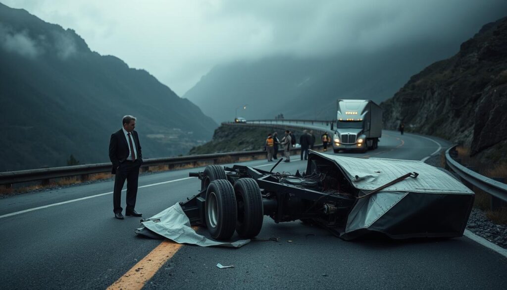 Dramatic 18-wheeler accident scene on a winding mountain road. In the foreground, a damaged semi-truck lies on its side, tires shredded, metal crumpled. A team of lawyers, dressed in crisp suits, examine the wreckage, faces etched with concern. In the middle ground, emergency responders tend to the injured driver. The background is a hazy, overcast sky, adding to the somber atmosphere. Moody, cinematic lighting casts dramatic shadows, emphasizing the complexity of the situation. The scene conveys the high stakes and need for skilled legal representation in the aftermath of a catastrophic semi-truck collision. Dramatic 18-wheeler accident scene on a winding mountain road. In the foreground, a damaged semi-truck lies on its side, tires shredded, metal crumpled. A team of lawyers, dressed in crisp suits, examine the wreckage, faces etched with concern. In the middle ground, emergency responders tend to the injured driver. The background is a hazy, overcast sky, adding to the somber atmosphere. Moody, cinematic lighting casts dramatic shadows, emphasizing the complexity of the situation. The scene conveys the high stakes and need for skilled legal representation in the aftermath of a catastrophic semi-truck collision.