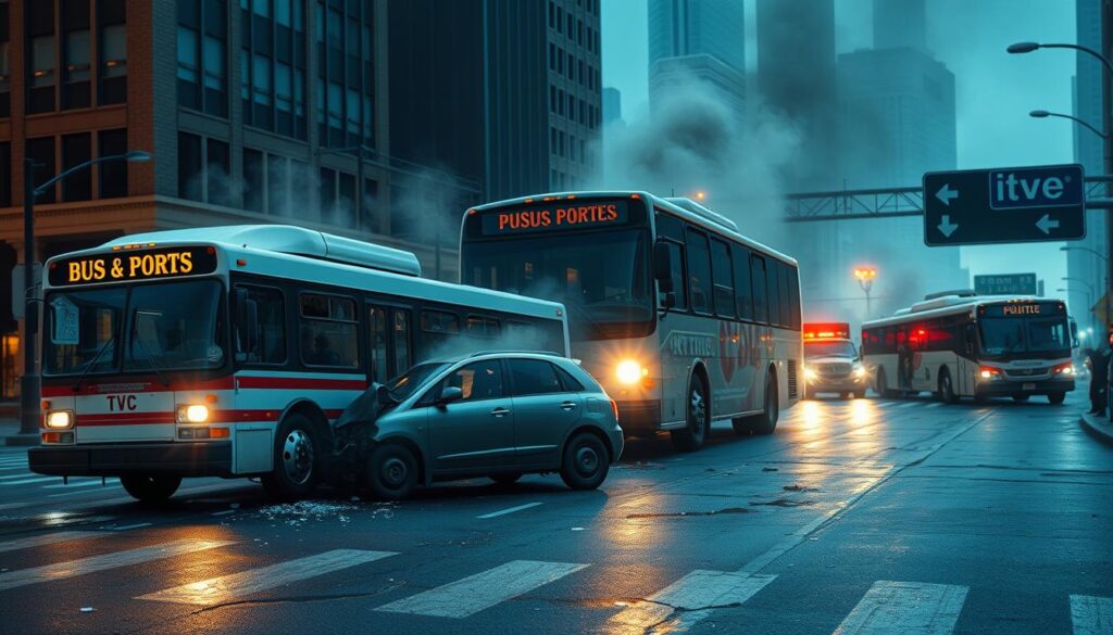 a detailed, photorealistic illustration of various types of bus accidents in the city of Chicago, Illinois, USA. In the foreground, a bus colliding with a passenger car at an intersection, with glass and debris scattered across the street. In the middle ground, a bus veering off the road and crashing into a building, smoke billowing from the scene. In the background, a bus overturned on the highway, emergency vehicles and onlookers surrounding the incident. The scene is illuminated by realistic lighting, conveying a somber and dramatic atmosphere. The image captures the diverse and potentially dangerous nature of bus accidents that can occur in a major metropolitan area like Chicago. a detailed, photorealistic illustration of various types of bus accidents in the city of Chicago, Illinois, USA. In the foreground, a bus colliding with a passenger car at an intersection, with glass and debris scattered across the street. In the middle ground, a bus veering off the road and crashing into a building, smoke billowing from the scene. In the background, a bus overturned on the highway, emergency vehicles and onlookers surrounding the incident. The scene is illuminated by realistic lighting, conveying a somber and dramatic atmosphere. The image captures the diverse and potentially dangerous nature of bus accidents that can occur in a major metropolitan area like Chicago.