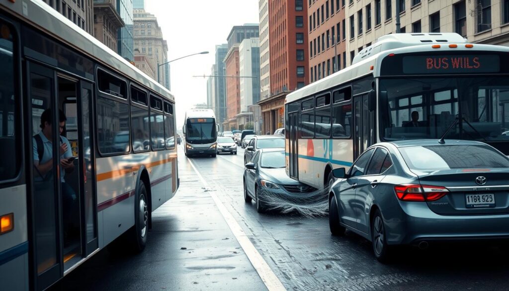 a highly detailed, realistic digital illustration of the common causes of bus accidents, including a bus driver distracted by using a cell phone, a tire blowout causing the bus to swerve, a slippery road due to wet weather conditions, and a car cutting off the bus, all set against a backdrop of a busy city street with other vehicles, pedestrians, and buildings. The scene should be illuminated by natural daylight, with a slightly muted color palette to convey a sense of seriousness and importance. The composition should be well-balanced, with the various elements arranged in a way that draws the viewer's attention to the key factors contributing to bus accidents. a highly detailed, realistic digital illustration of the common causes of bus accidents, including a bus driver distracted by using a cell phone, a tire blowout causing the bus to swerve, a slippery road due to wet weather conditions, and a car cutting off the bus, all set against a backdrop of a busy city street with other vehicles, pedestrians, and buildings. The scene should be illuminated by natural daylight, with a slightly muted color palette to convey a sense of seriousness and importance. The composition should be well-balanced, with the various elements arranged in a way that draws the viewer's attention to the key factors contributing to bus accidents.